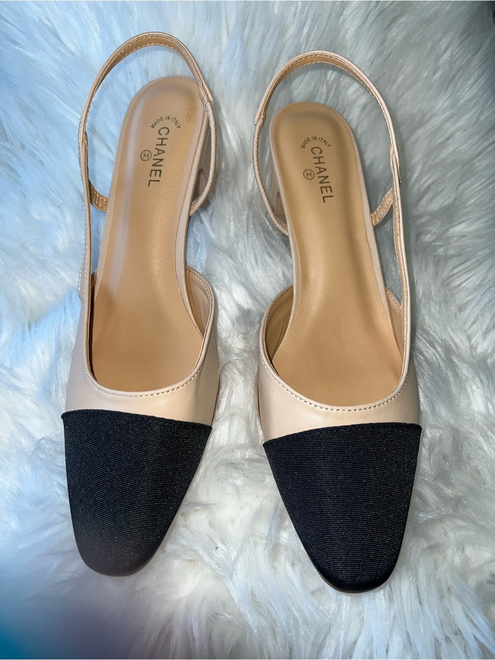 CHANEL Two-Tone Slingback Mules in Beige and Black